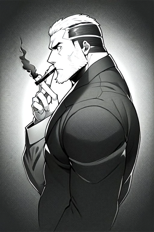 man in profile smokes a cigar, shot hair, greyscale