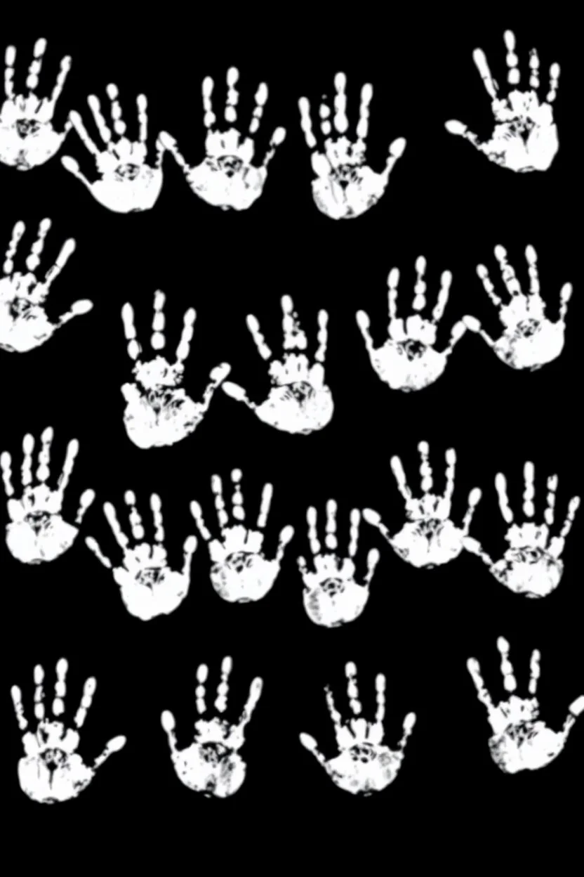 multiple white hand prints on a solid black background. some hand prints leave streaking finger marks as if they were dragged