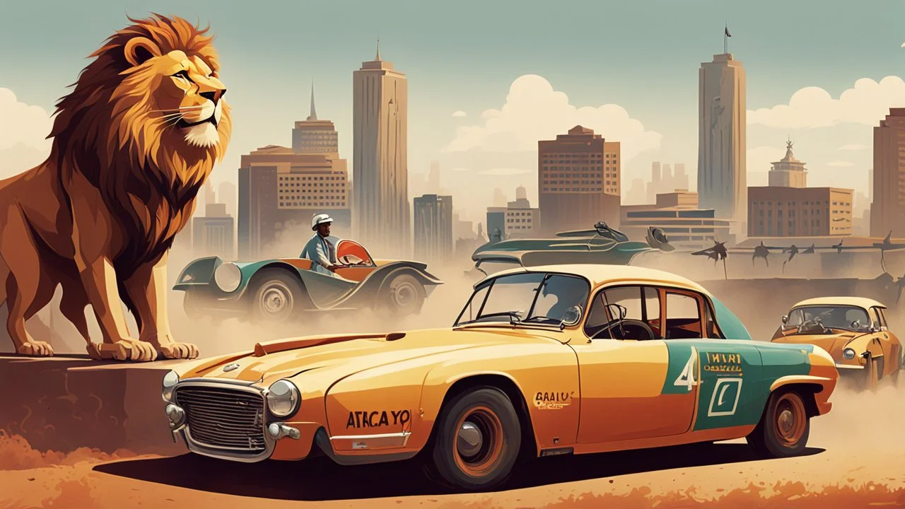 "I'm envisioning a sensational poster for '<Achayo> Vintage Rally Racing: Car vs. Lion Showdown.' The backdrop should showcase an Ethiopian cityscape, providing an urban setting for the vintage rally action. In the foreground, a stylish vintage rally car stands ready, its driver geared up for the ultimate showdown. Next to the car stands a majestic lion, symbolizing the power and strength of nature. Use earthy tones for the city background, vibrant colors for the rally car, and natural tones for