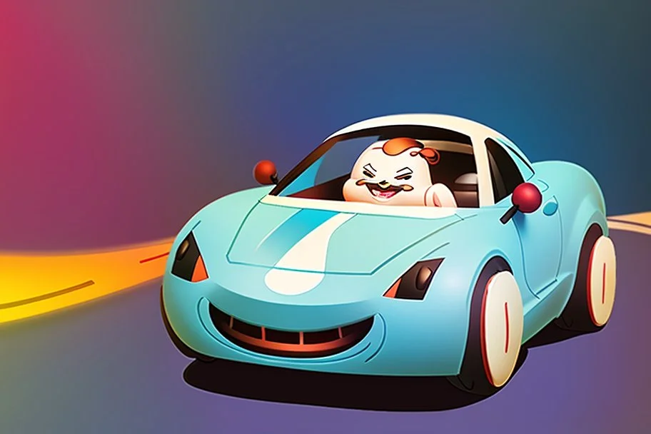 whimsical cartoony sports car with a small mascot character driving it