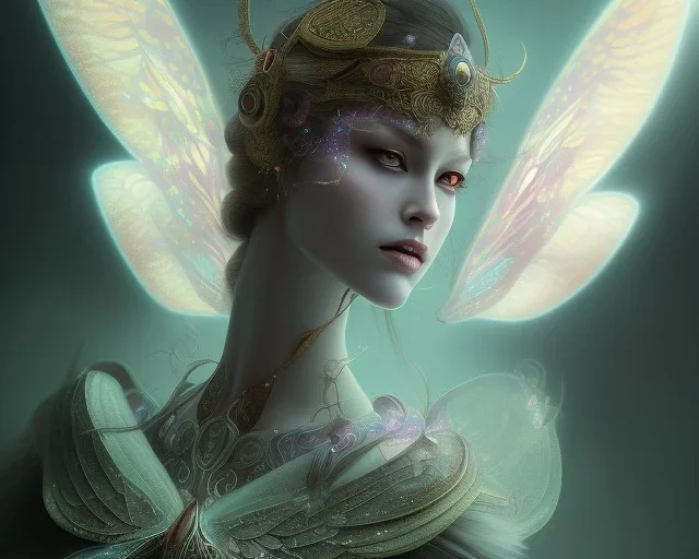 Beautiful mystical butterfly portrait, dark fantasy, romanticism, acrylic paint, chinese painting, magazine, highly detailed, ethereal, otherworldly, backlighting, rays of shimmering light, persian empire, artstation, silver, purple, black, teal, aqua, yellow, olive, vibrant, intricate,