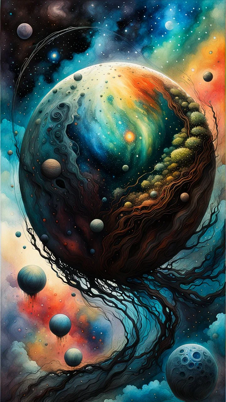 Zdzislaw Beksinski, and Peter Gric style ink wash and watercolour, full universe illustration of a planet highly detailed facial features, mixed to anatomical stars in the space view, visible plant like outer space structure, wildly flowing splash colours , 8k octane, all in focus, clean , no grain, ethereal, otherworldly concept art in vibrant natural colours
