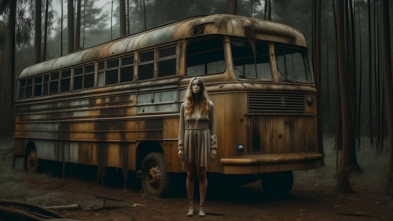 woman standing in front of a bus in the forest, in a post apocalyptic environment, tattered dress, dilapidated appearance