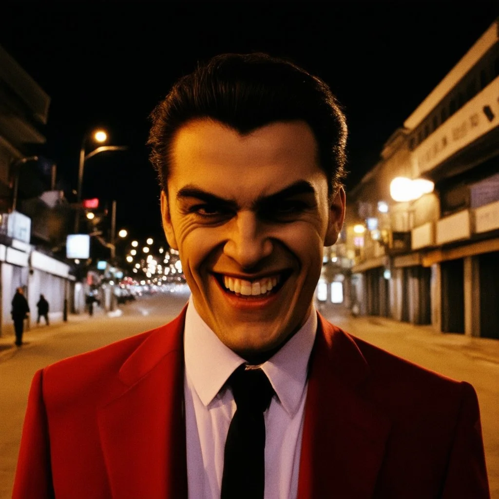 very grainy discolored photo, face portrait, up close, shot on a bad camera, empty night street, grunge, 2000s Russia, man in a nice red suit, extremely gaunt, haughty, dangerous smile, perfect looking, striking features, face of a vampire, inhuman