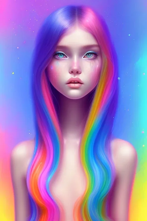 girl, cute, beautiful, long hair, rainbow hair, rainbow dress, soft pastel, close up portrait water colors