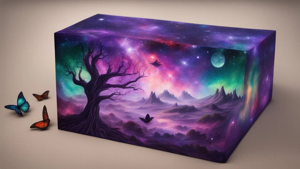 a box 10 cm long by 5 cm wide and 25 cm high, drawn on a box on all sides, space, tress, planets, butterfly nebula, crow galaxies a lot of colours purple, green and red, portal too others galaxy, realistic