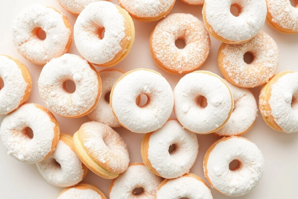 random floating evenly powdered mini cake donuts, with the donuts overlapping and the powdered sugar coating them evenly. The background should be white or a light neutral color.