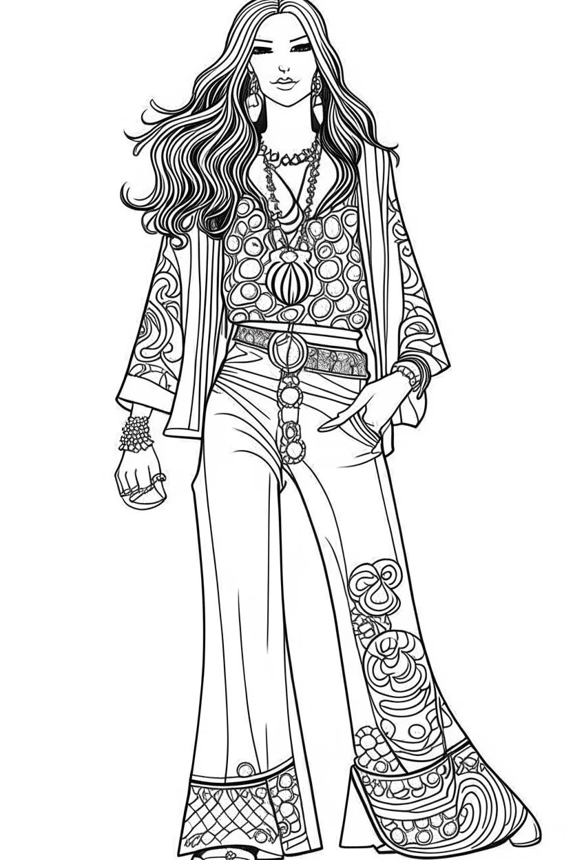 Outline art for coloring page OF 1960'S HIPPIE WOMEN'S PANTS ONLY, coloring page, white background, Sketch style, only use outline, clean line art, white background, no shadows, no shading, no color, clear