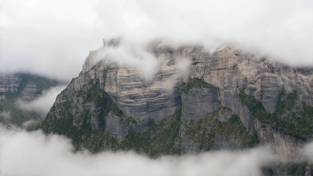 a massive sheer mountain cliff scaling vertically into the sky, partially obscured by dense clouds and mist. the borders — top, bottom, left, and right — fade smoothly into thick fog, while the center reveals the steep, rocky cliff face with fine texture and detail. atmospheric lighting, cinematic composition, natural colors, high contrast between fog and stone.