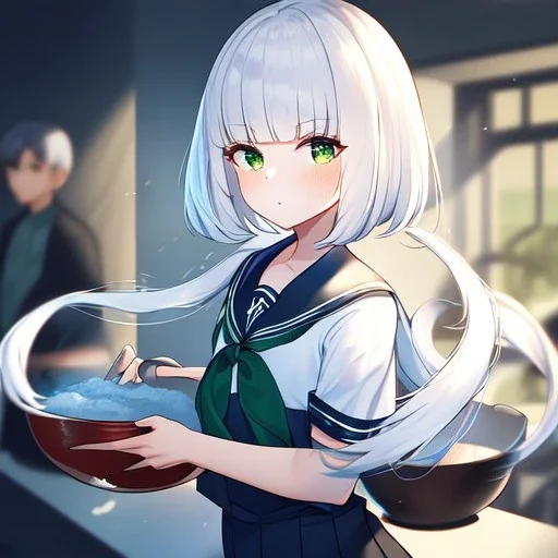 Clear focus, High resolution, white hair, short hair, long locks, fluffy hair, between eyes,green eyes, wearing a sailor uniform, frowning, half closed eyes, no blush, mad, 1girl, bowl cut, very long locks