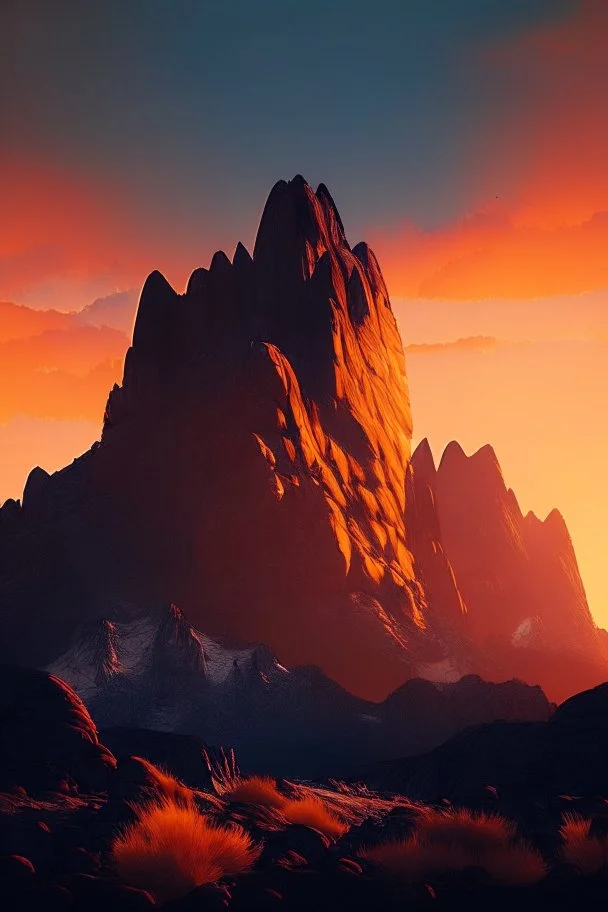 big rock mountains with and orange dawn sky with no clouds