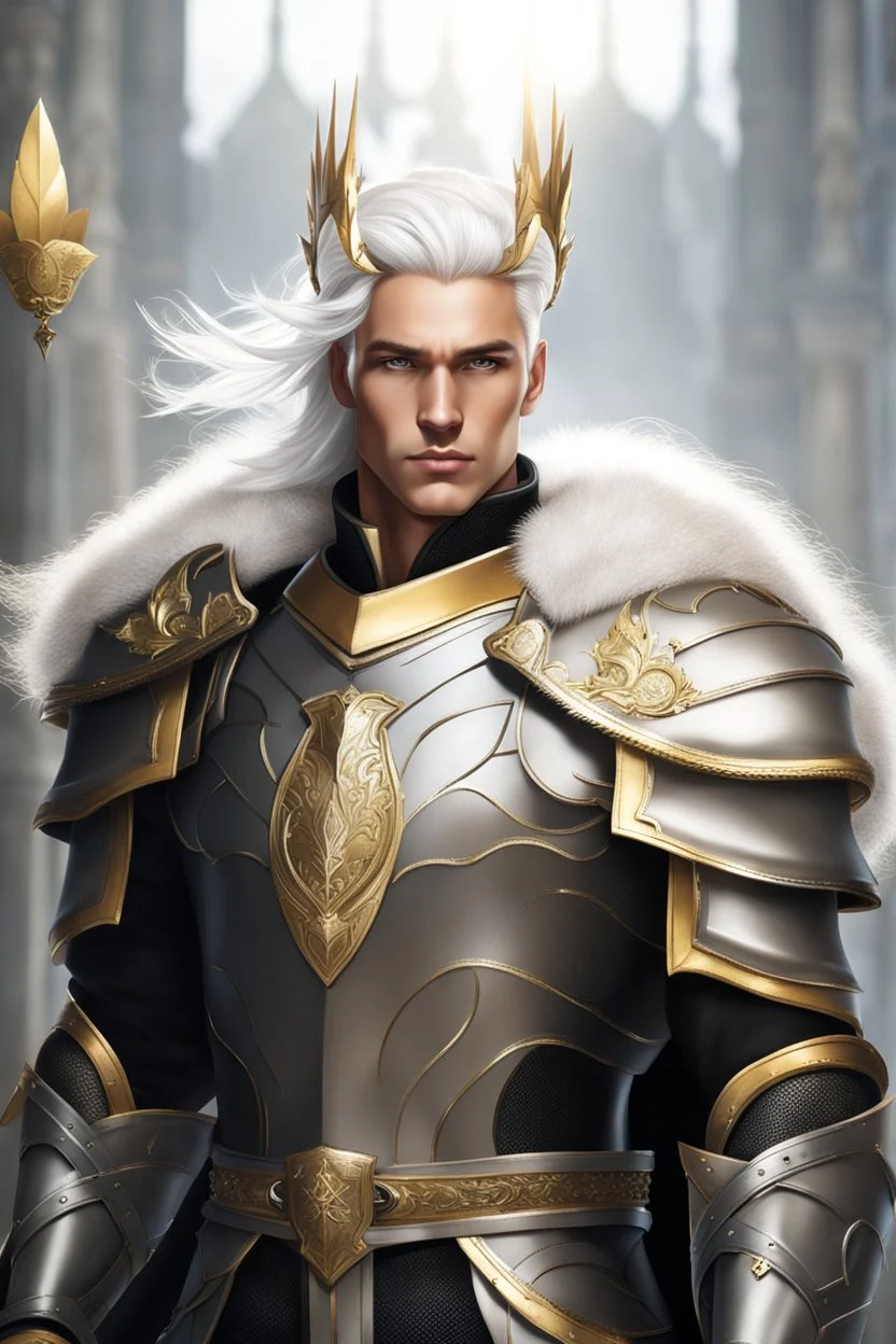 Male Tan Human, White Hair, Handsome Face, King Crown, Dark Heavy Armour, Black and Gold colour theme