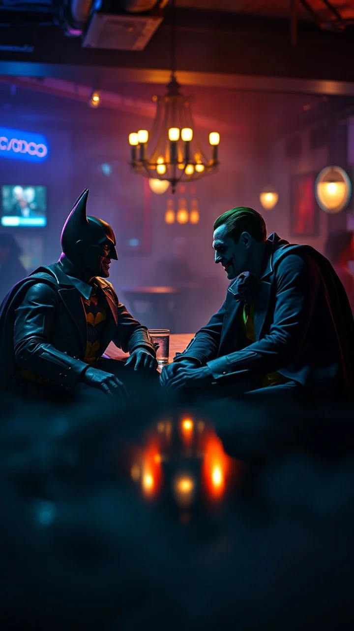 ,surrealism of the dark of a nightmare , hyper photorealistic, hyper detailed art color, high resolution, fog, octane render, tilt shift, HDRI Environment, Batman and the joker chatting while sitting in bar