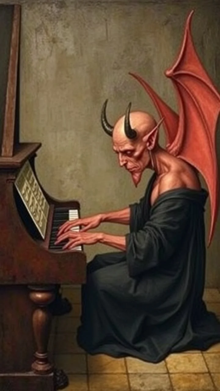 Hieronymus Bosch style , a devil with no hair playing the piano