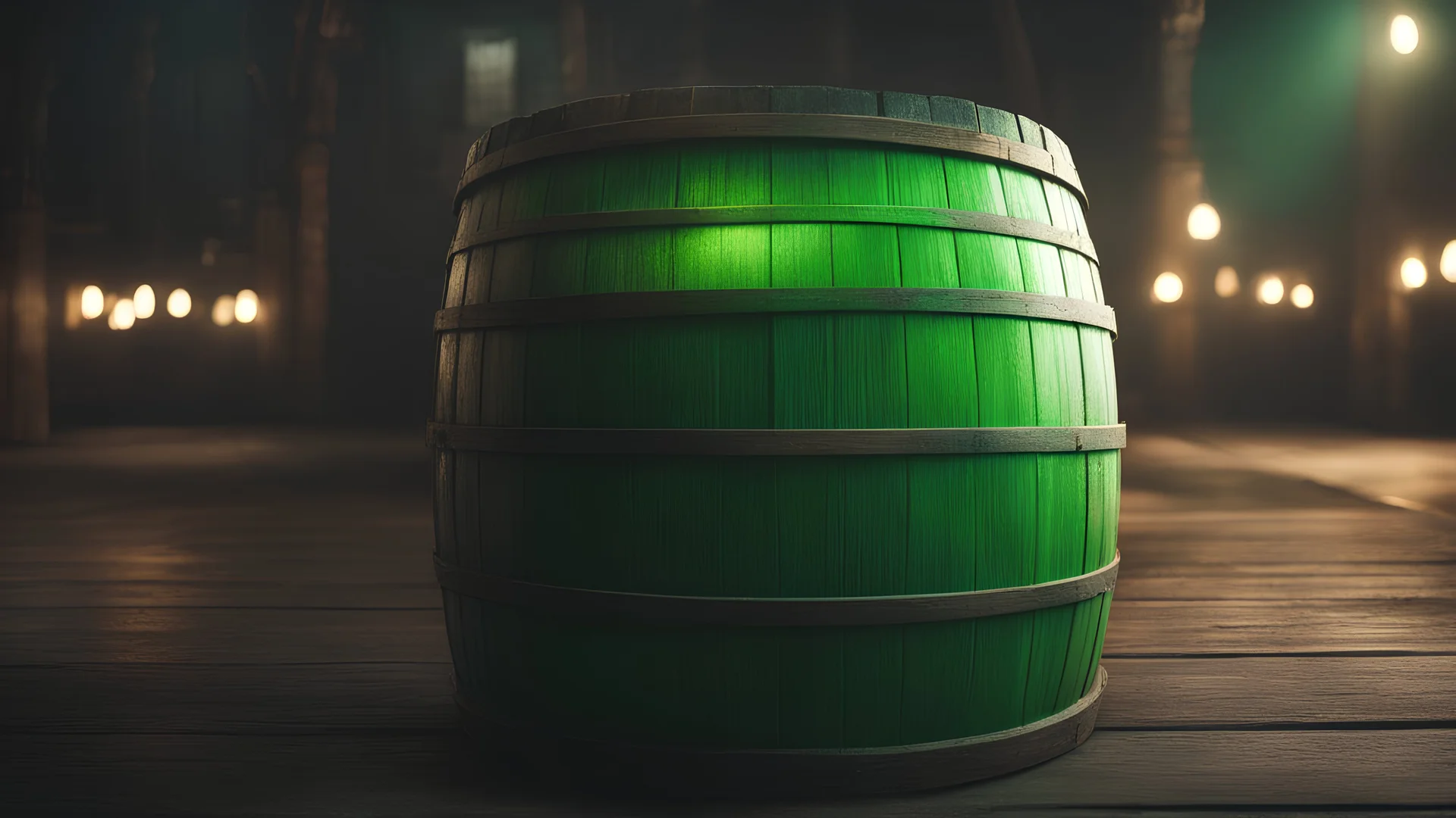 photoreal magnificent green light flooding from a wooden barrel standing in darkness, otherworldly, in the style of fantasy movies, photorealistic, shot on Hasselblad h6d-400c, zeiss prime lens, bokeh like f/0.8, tilt-shift lens 8k, high detail, smooth render, unreal engine 5, cinema 4d, HDR, dust effect, vivid colors