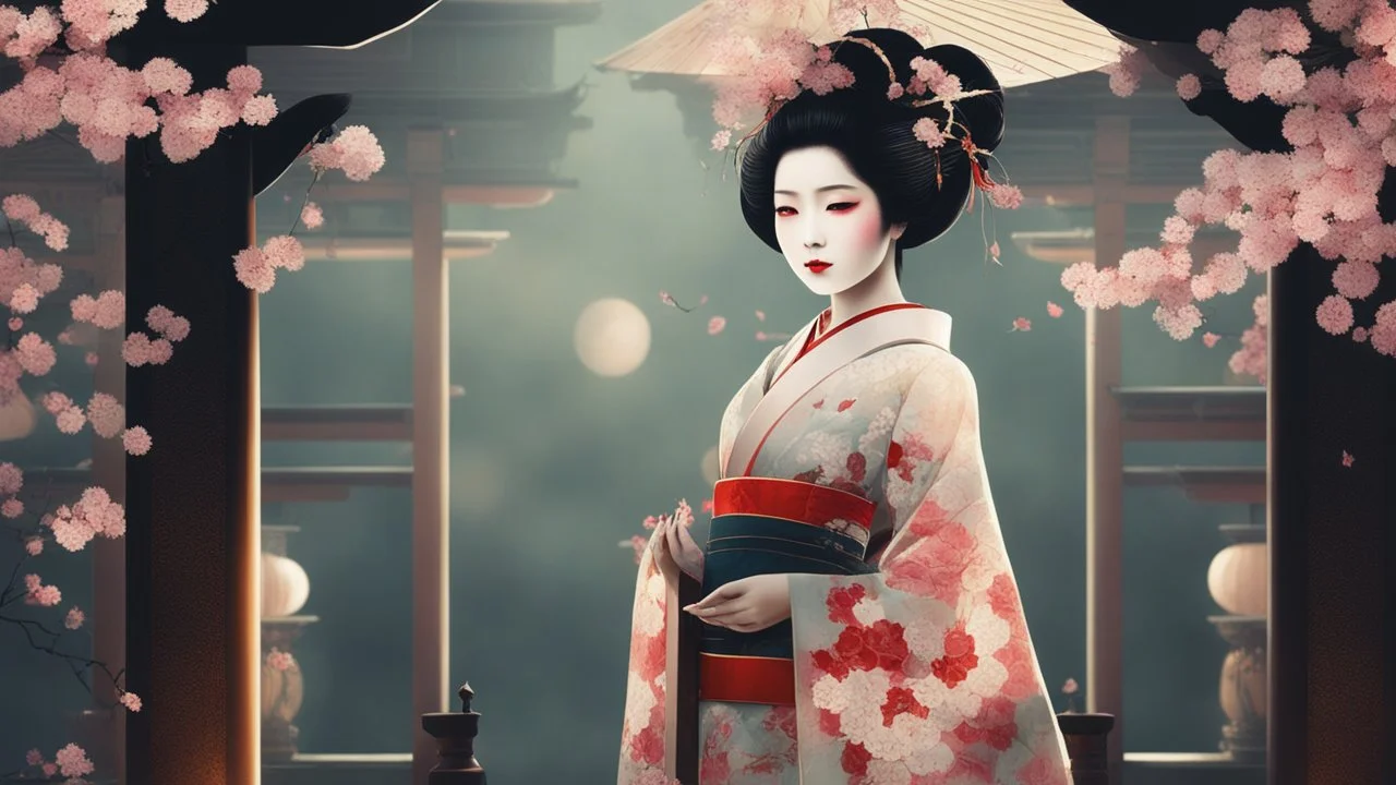 Japanese Geisha, illustration, digital art ,Vintage, Gothic, God Rays, vibrant colours, stylish ,Dark and Gorgeous art , GOD LIGHTING, Eiko Ishioka costume designer,, 32Κ, macro realistic,macro, sunbeams,beautiful, insanely detailed, cherryblossom zen garden, manga,anime,