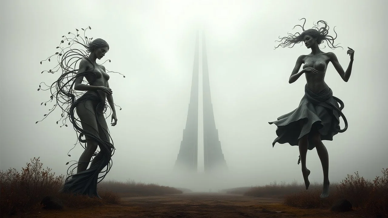 The image features a surreal scene with two large, abstract sculptures on either side, each with intricate details. On the left, a figure entwined with vines or leaves evokes a sense of nature, while the right figure appears more dynamic, possibly representing movement or dance. The background is dominated by a misty, ethereal setting, leading to a tall, slender structure that rises in the distance. The overall atmosphere conveys a blend of natural and mystical elements.