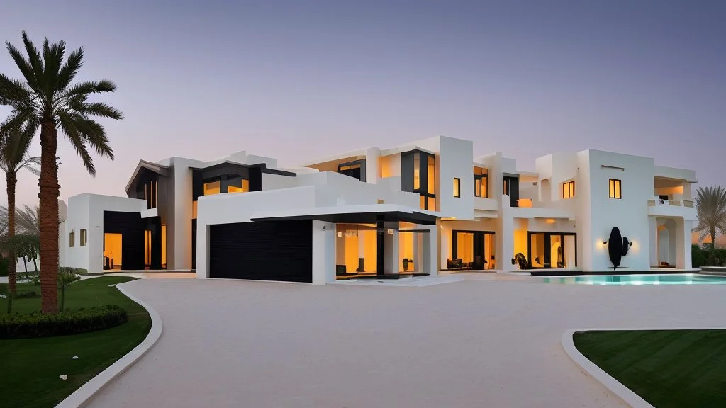 Description of a modern Emirati style villa: Located on a magnificent piece of land in the heart of the Emirates, our villa embodies the finesse of design and detailing that promises a luxurious residential experience. This two-story villa, with its elegant and contemporary spaces, stands out. The exterior walls of the villa are made of black and white stones, adding an elegant and luxurious touch to the design.Pictures of the villa from four sides
