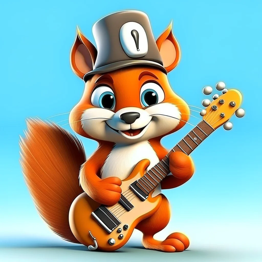 Cute squirrel. He is a delightful creature. Smiling. Imaginative and captivating our hearts with his vibrant beauty. He has big eyes that sparkle with kindness, innocence and joy. A wonderful cartoon character. He wears a black hat, jeans, a white shirt, and carries a guitar. An isometric cartoon character. Emphasis and focus on the character. amazing . Nice and innocent. Delightful. Fantasy graffiti style focus and precision on character. A simple yellow background, and at the same time attract