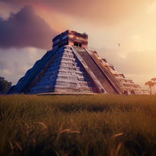 Chichen Itza, sunset, rainbow sunset, waterfall, palms, twigs, spring, sunset rainbow, bridge flying birds, unreal engine 5, cinematic lighting, realistic, hyper detailed, 8k, octane render