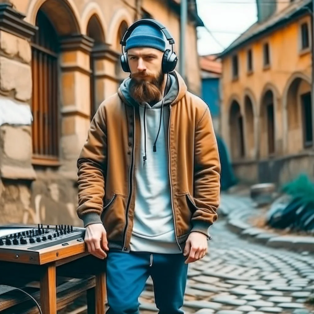 short beard man with cap, DJ play records ,at medieval city street background, full body