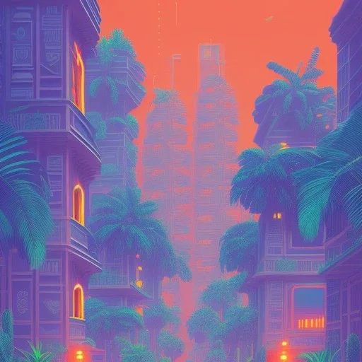 tropical city, latino, plants, streets, risograph, flat design, 2 colors