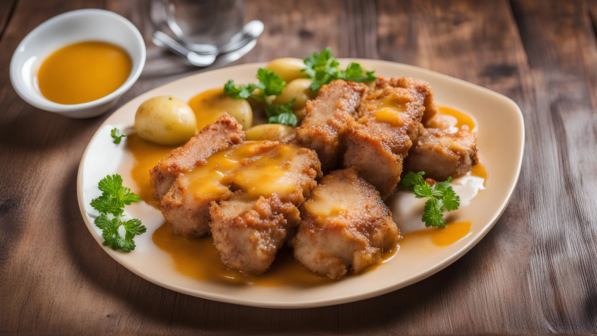 Fried pork loin with potatoes and sauce in restaurant