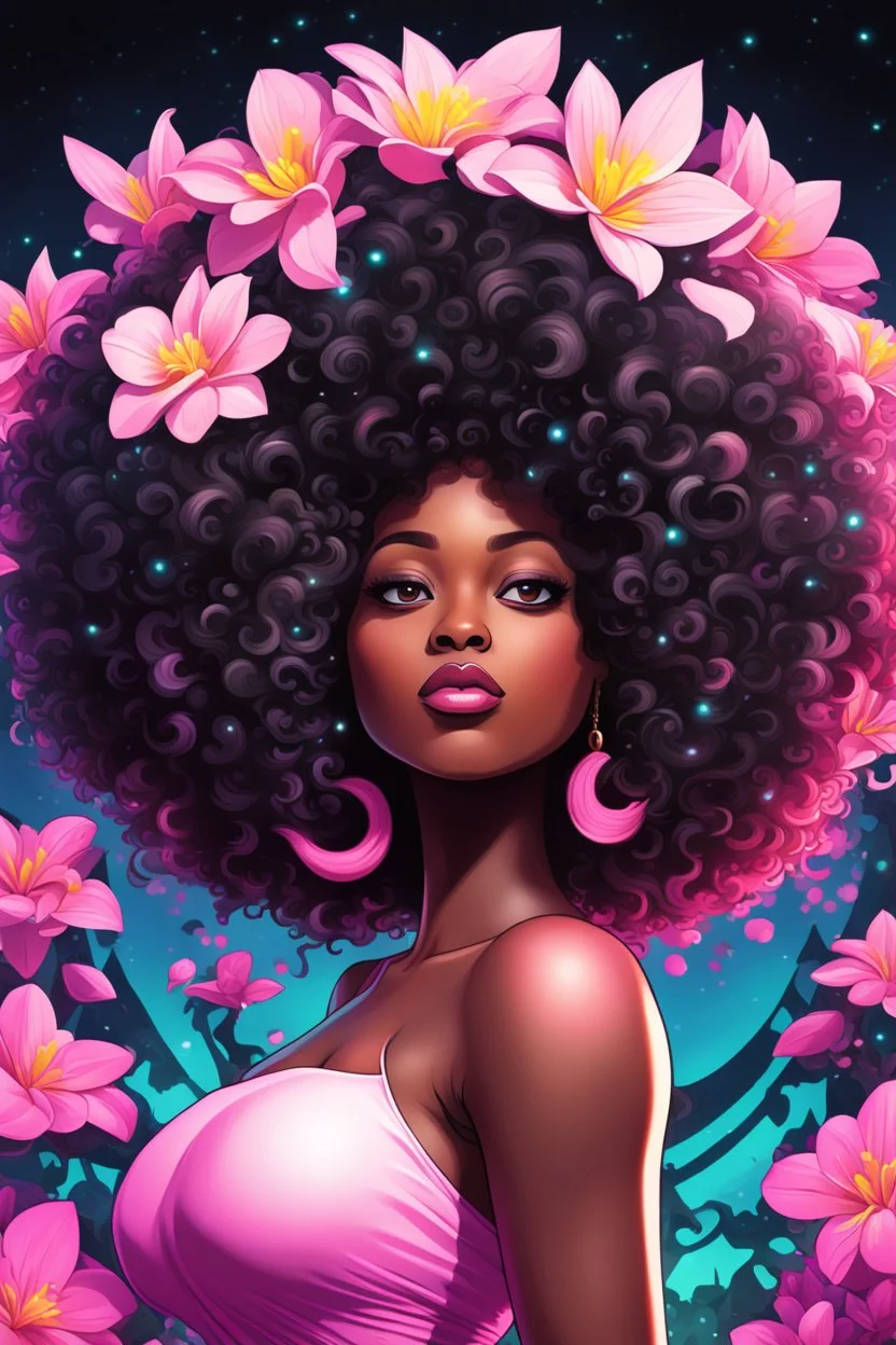 create a psychedelic digital enhance cartoon art style image with exaggerated features, 2k. cartoon image of a curvy size black female looking off to the side with a large thick tightly curly asymmetrical afro. Very beautiful. With pink and white plumeria flowers