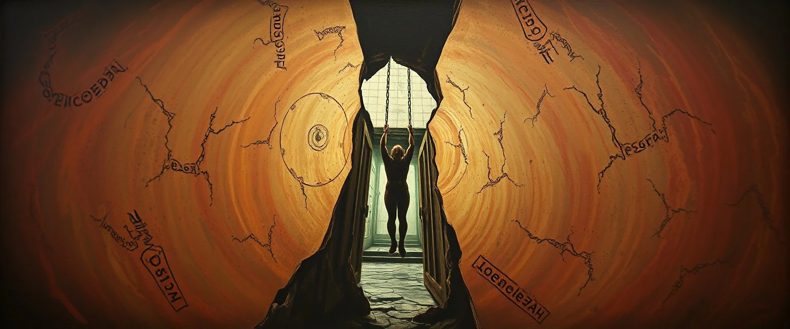barely hanging on, master oil painting by Escher and Giger, sodom in the style of Fallout 4, pinhole cam pic, dimensional door, tear in the fabric of reality