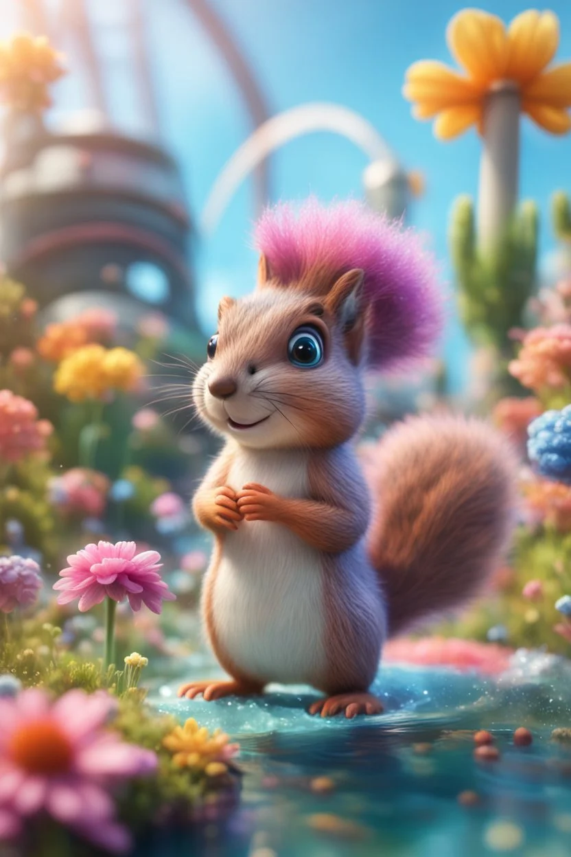 plexi glass tower, portrait cute fluffy toy wolly squirrel with berret in a water slide holding weird flowers in the style of pixar, on a strange planet with weird colors and wind turbines, bokeh like f/0.8, tilt-shift lens 8k, high detail, smooth render, down-light, unreal engine, prize winning