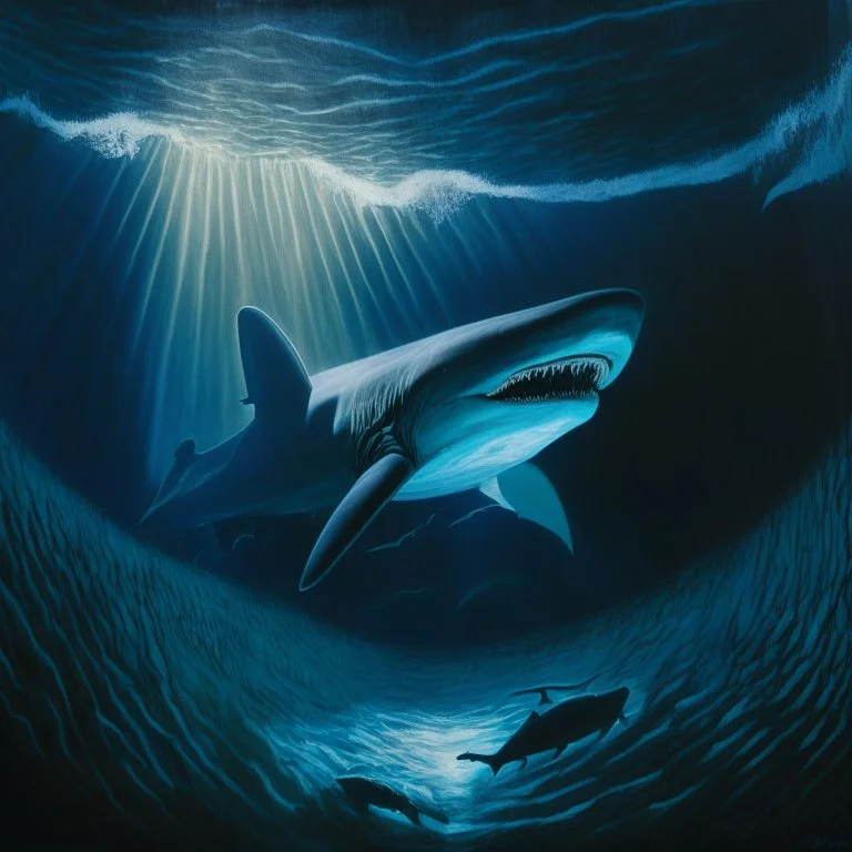 A dramatic, chiaroscuro-style acrylic painting of a powerful basking shark hunting its prey in the depths of the ocean, with stark contrasts between light and shadow to emphasize the intensity and raw beauty of the scene