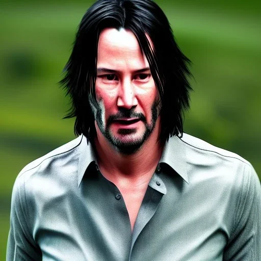 Keanu reeves serious, in green field, red shirt, realistic eyes, realistic skin texture, unreal engine, 85mm photography