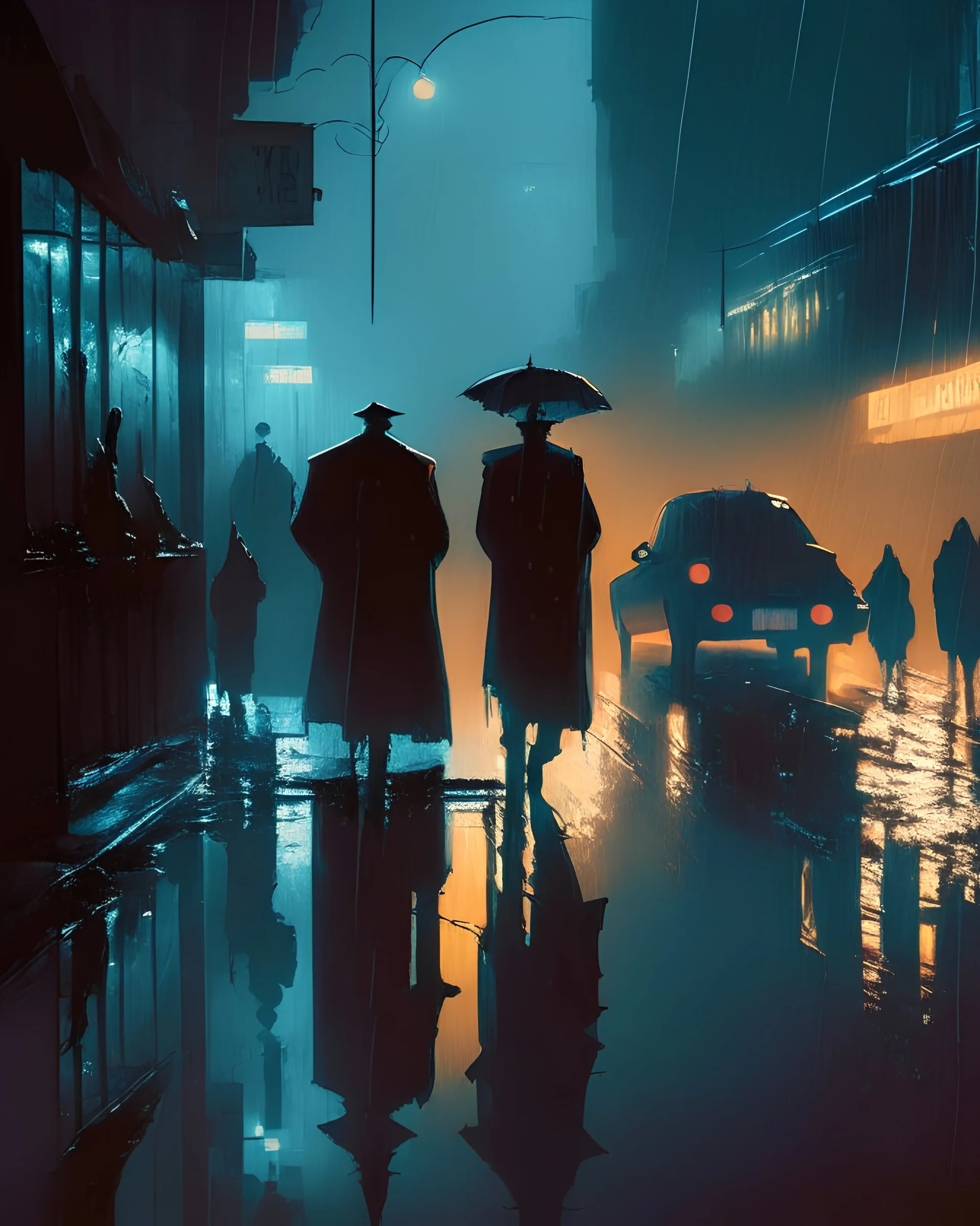 A rain-soaked city street, slick with the reflection of neon signs, the only source of light in an otherwise dark and mysterious scene. Long shadows stretch across the pavement as silhouettes of trench-coated figures move through the fog, hinting at secret meetings and hidden agendas.