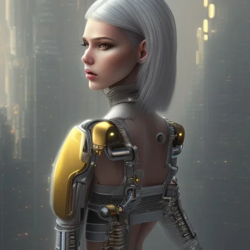 beautiful cyberpunk girl silver and gold hair, top down, on top of tall building, 4K, 8K, detailed, body suit