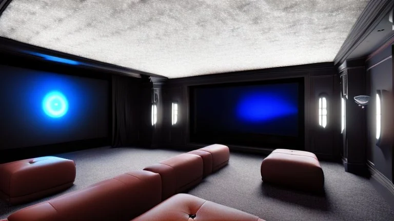 Generate an image of a sleek home cinema with projectors and surround sound systems with a star-lined ceiling similar to a Rolls Royce in a high-rise penthouse