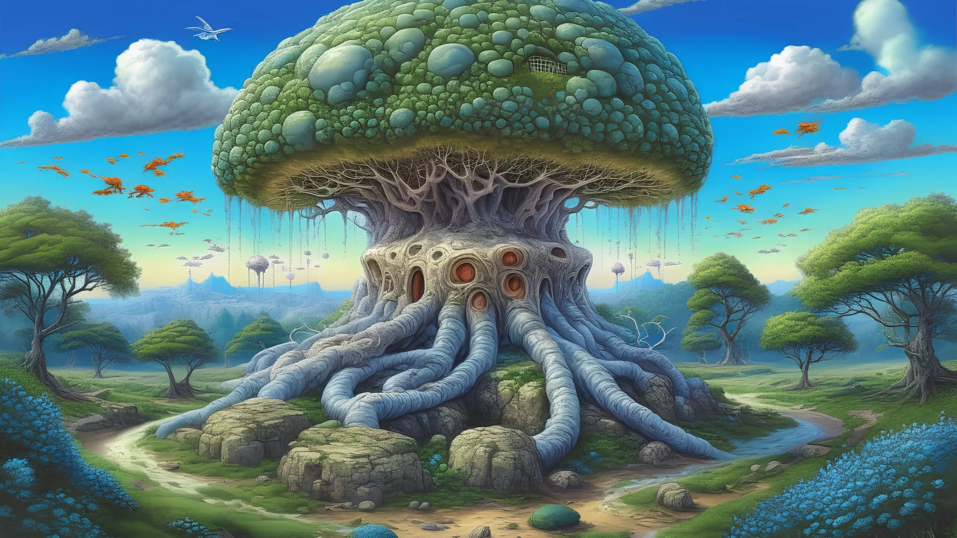 A large brain-like object sits atop a tree-like root system. The roots appear to be covered in small, bulbous growths. The scene is set in a rocky, barren landscape with a few trees and a castle ruins in the distance. A large brain-like object sits atop a tree-like root system. The roots appear to be covered in small, bulbous growths. The scene is set in a rocky, barren landscape with a few trees and a castle ruins in the distance.