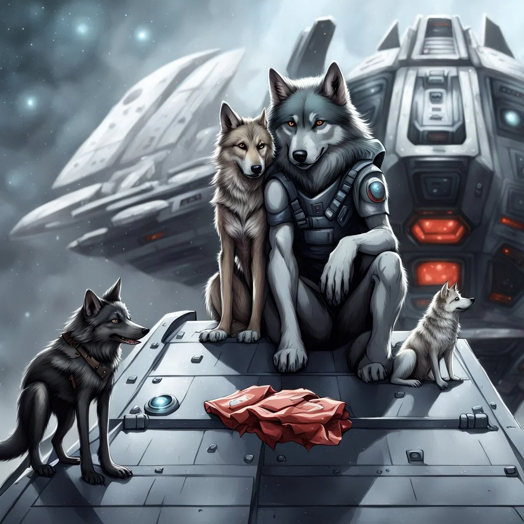 digital art front in picture an of little dark dog like creature stands and looking an anthropomorphic wolf couple sitting on the spaceship's ramp close together, the female wolf sits behind pale gray male wolf and puts one paw on the dark gray wolfman's shoulder, raini day, on ramp a little piece of meat lies down, high contrast, high detalied, high realistic, in background detail of a spaceship is visible. Rain, The atmosphere is a seamless blend of sci-fi and dark fantasy mood, digital art