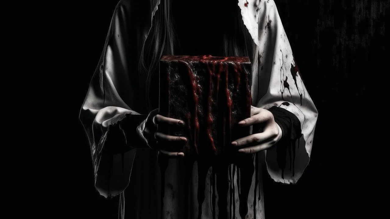 a faceless woman covered in blood holding up a black rectangular box