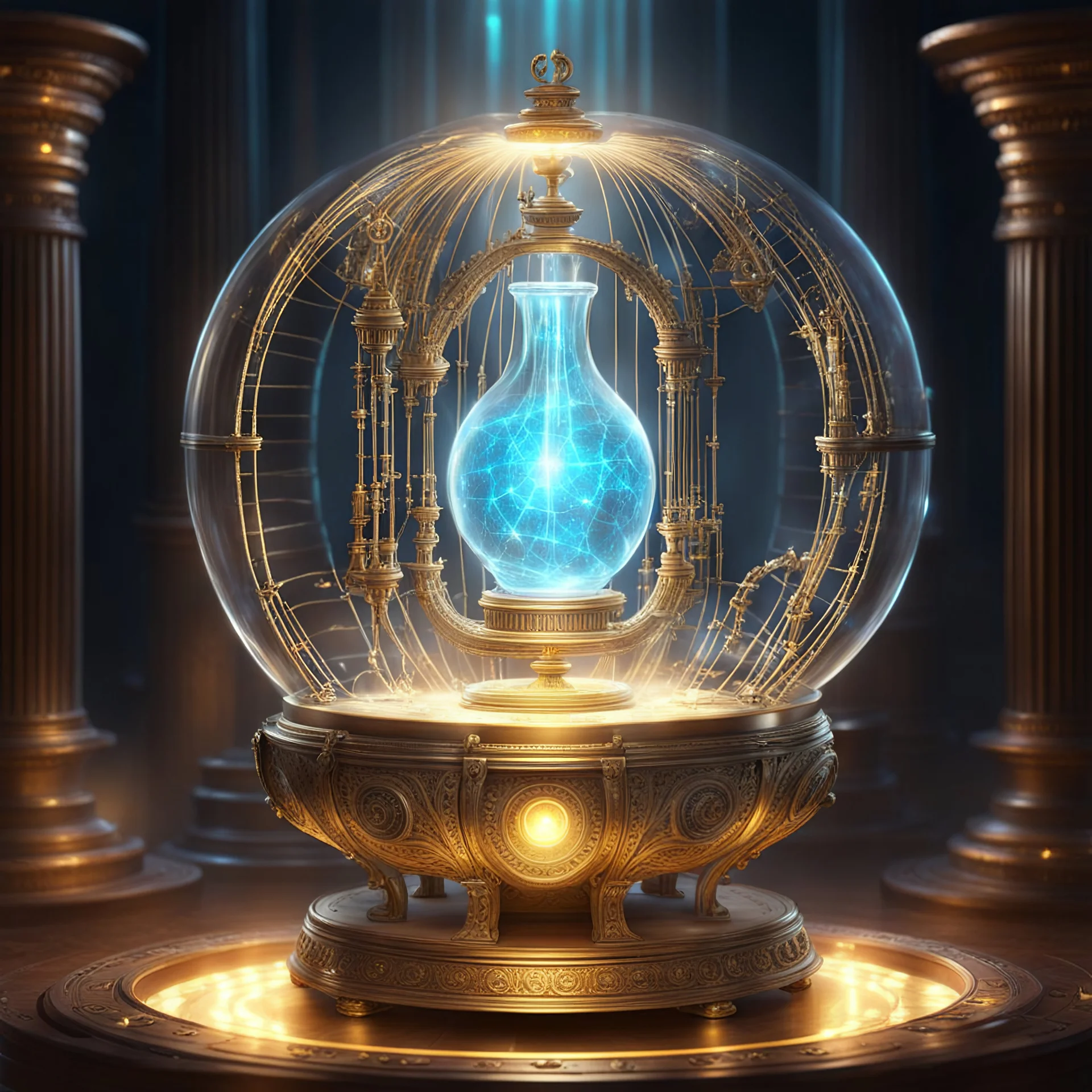 a spectacular ancient magic machine that is part music box with harp strings and part glass vessel of a glowing spirit, vault background, semi-realistic, fantasy, dnd