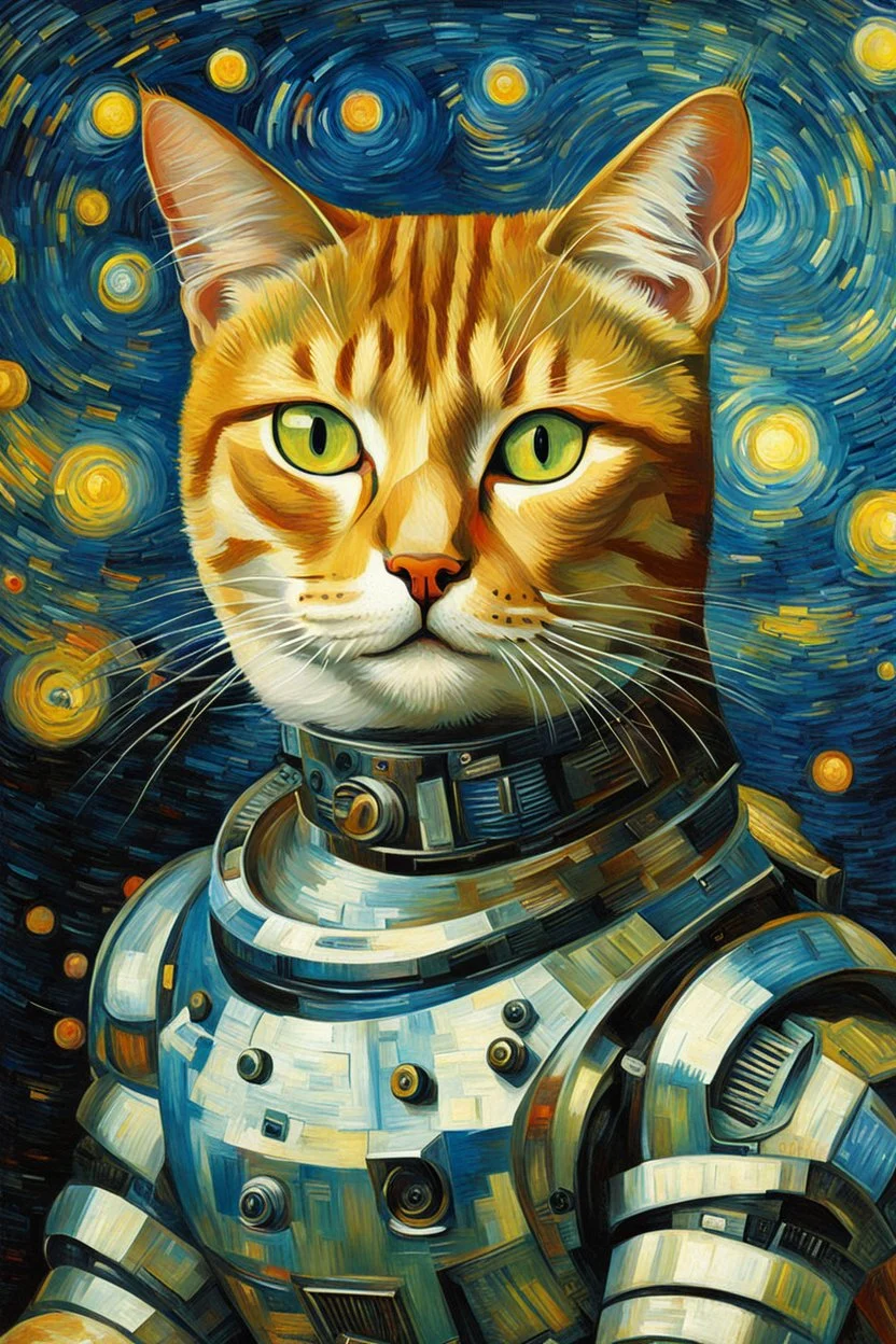 Portrait of a cyborg cat by Van Gogh