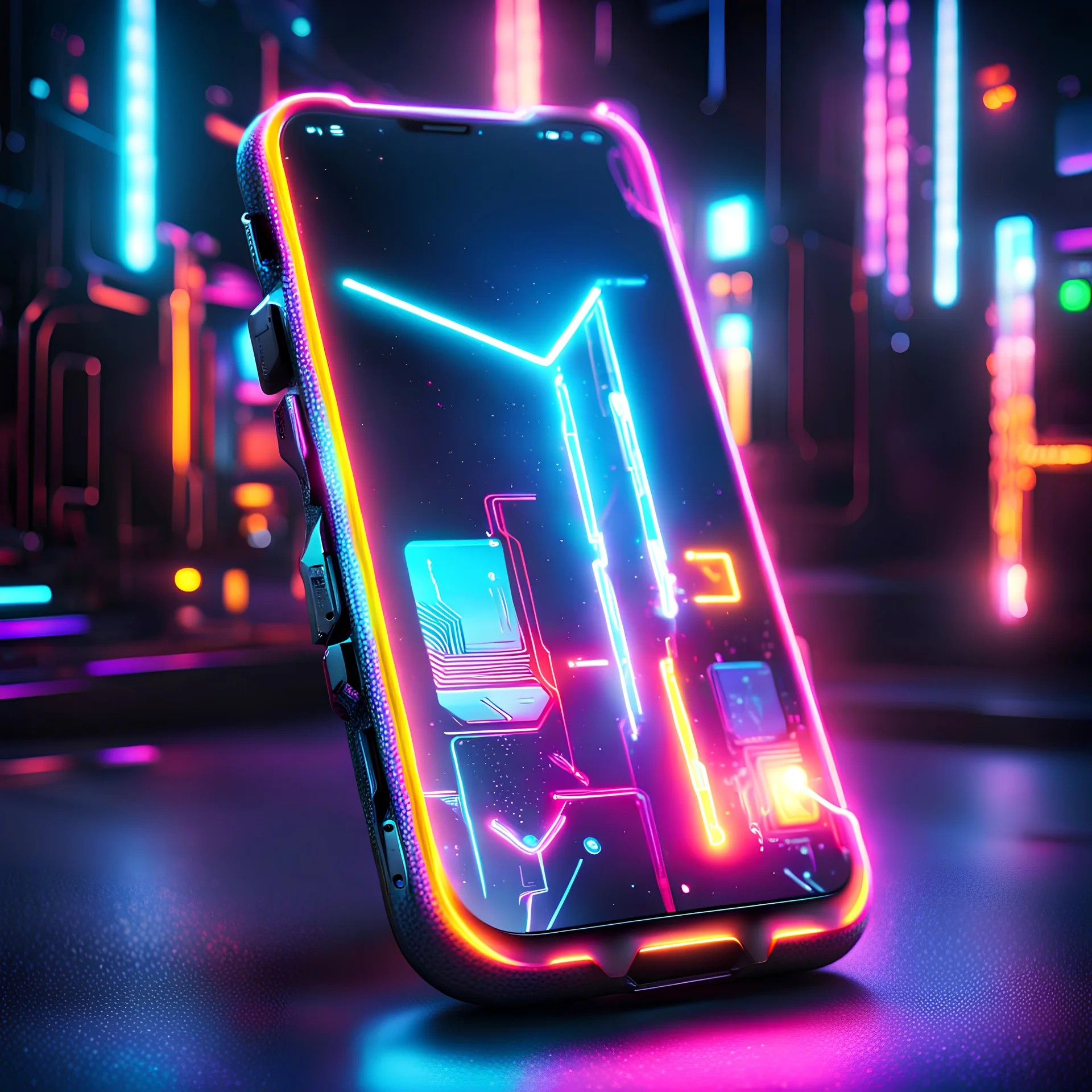 cyberpunk smartphone, screen, light beams, dark background, neon