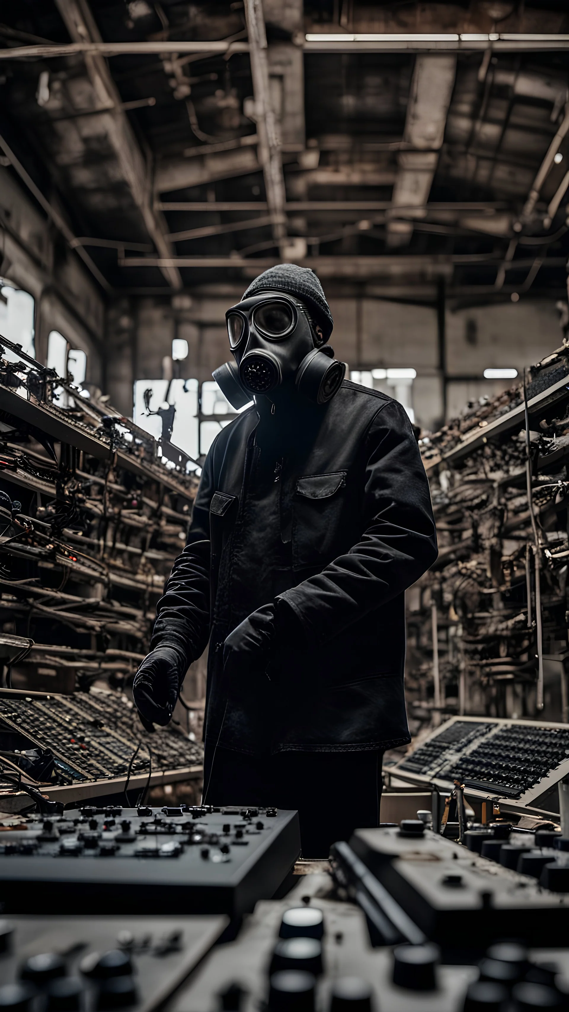 a person with a gas mask in an abandoned big massive factory, playing with a modular synth piano