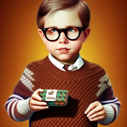 Peter billingsley chubby kid Tortoise-shell glasses, Holding a ((Dark red soap bar)) in his hand, brown argyle sweater