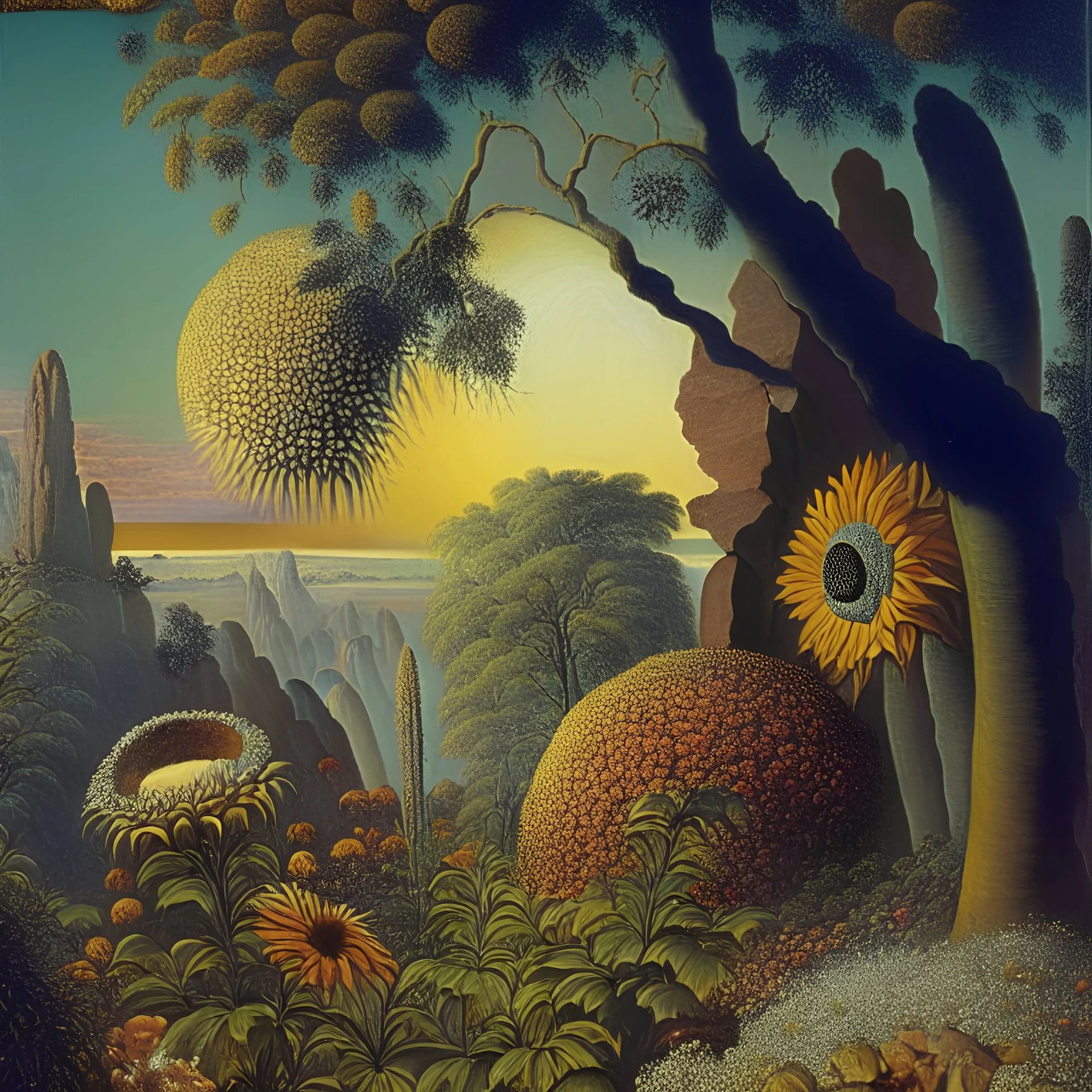 High definition photography of a marvelous landscape, trees, flowers, giant sun, intricate, rock formations, atmosphere of a Max Ernst painting, Henri Rousseau, thoughtful, interesting, a bit appalling, smooth