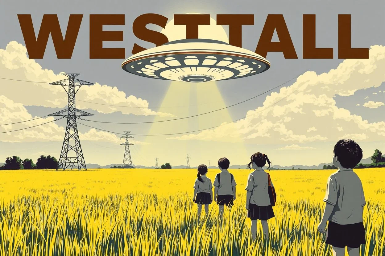 bumper sticker design, westall large flat ufo, in bold heading text WESTALL 1966, lots of school children looking up in a field with high voltage powerline and gumtree's, mysterious cool, bold