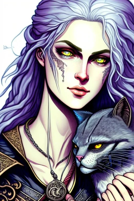 Cute friendly Witcher, playing with cute cats, perfect eyes, perfect iris, ink and pencil, style Elisabeth Kreitz