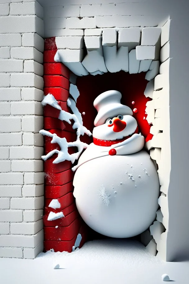 3d Christmas snowman, bursting out through a wall, plaster texture, white and red, 3d background