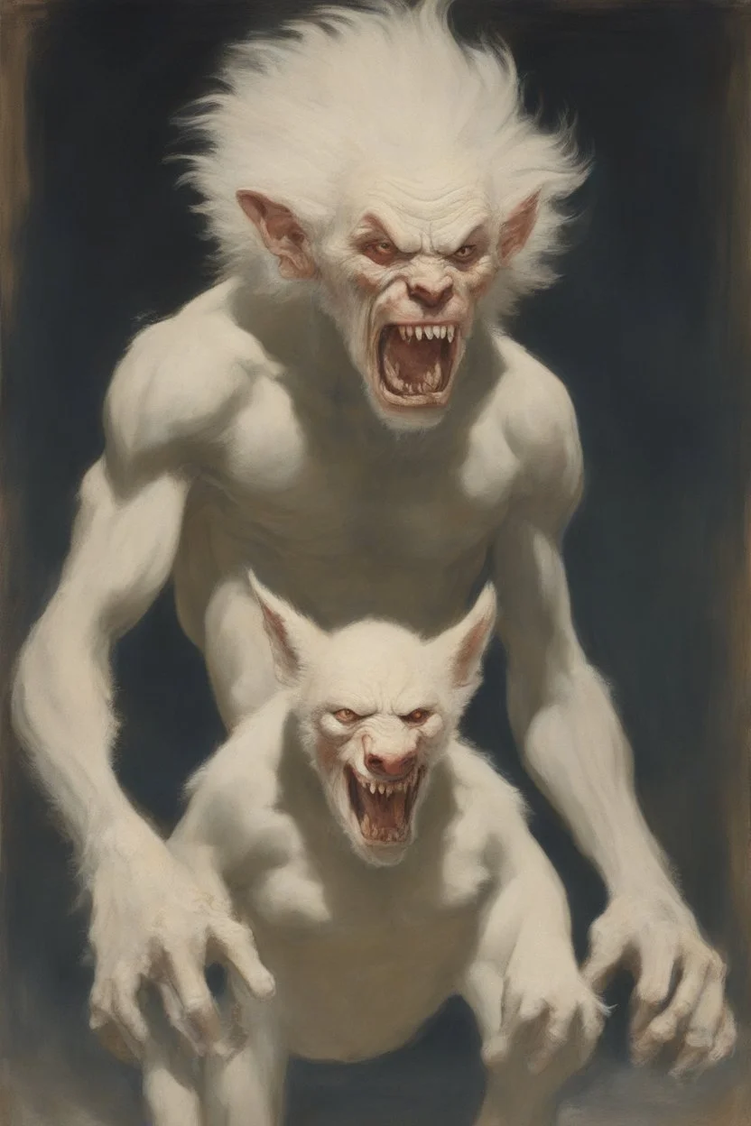 A giant, snarling albino Werewolf - oil painting by Norman Rockwell