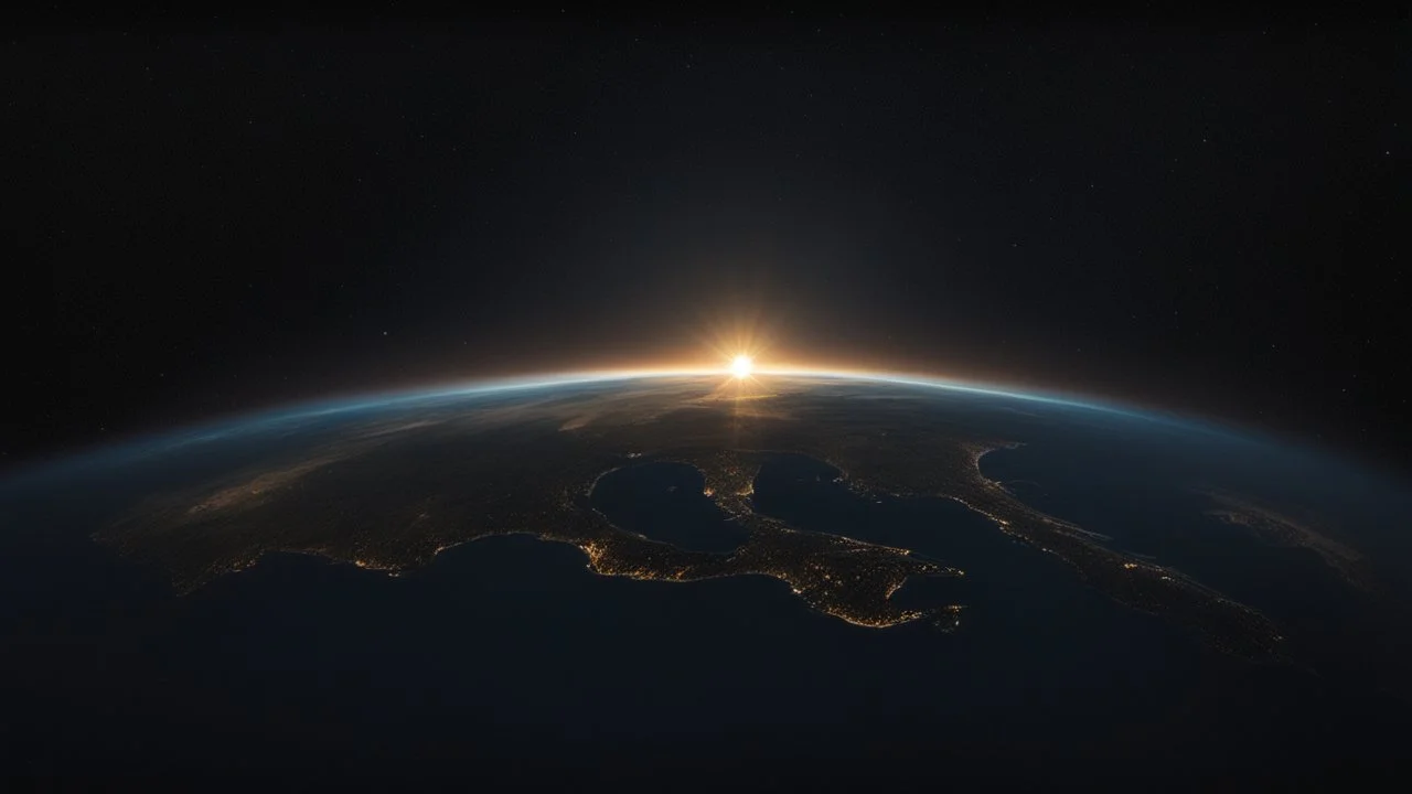 تصوير جوي للأرض من الفضاء، حيث يظهر الكوكب الأزرق الجميل في خلفية مظلمة وغامضة. تتلألأ سطح الأرض بألوانها المتعددة، ويتجلى لمحة من السحب والمحيطات. تنعكس ضوء الشمس بلطف على الجانب المضاء، مشيرةً إلى التنوع والجمال الذي تحمله هذه الكوكبة المعجزة.