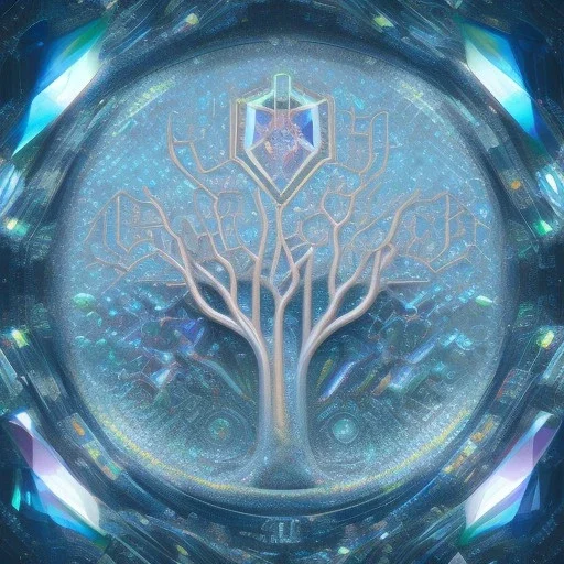 hedjuk,Tree of Life, crystal city crystalline in the sky, renderin, room, cosmic, opalescent, 100mm, opalescent, gemstones, crystals, object, other worldly,water, cristal rock ,bright, ice backg